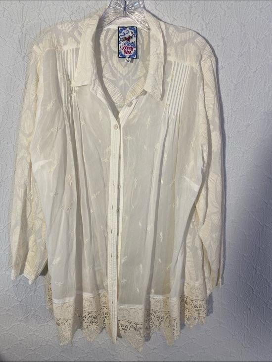 Johnny Was Tops - Johnny Was Cream Lace-Trim Long-Sleeve Button-Down Shirt size 1 X